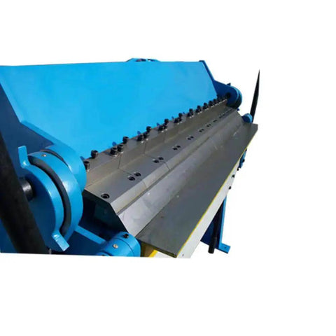 Pan And Box Brake Bender Workhorse For 3 To 48 Inches 12 Gauge Steel With Removable Legs And Tabletop Mount, blue unit close-up.