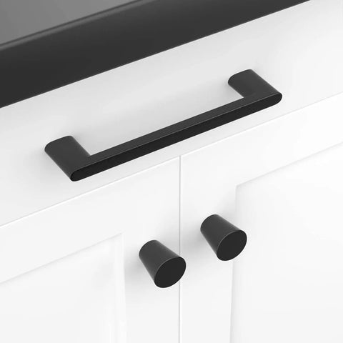 10 Pack 5 Inch Matte Black Cabinet Pulls for Kitchen Cabinets, Dresser Drawers, and Cupboards, installed on a white cabinet
