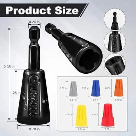 Multifunctional Wire Twister Tool Set For Drill with size details and colorful wire nut twisters for quick electrical connections.