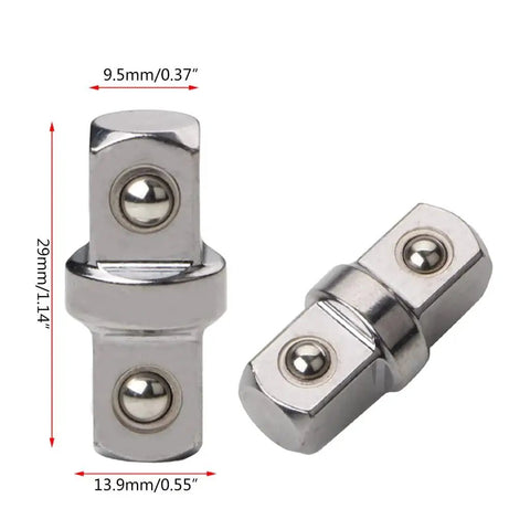 Two chrome-plated 3/8-inch socket sleeve adapters with hex connectors for electric wrench extension