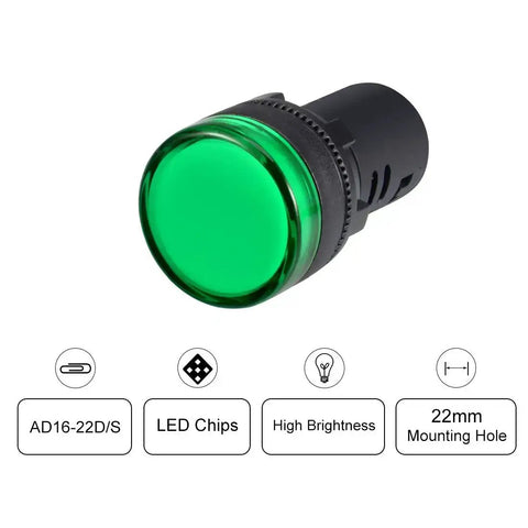 Green Indicator Light 110 Volt AC DC 22mm Panel Mount shown with LED chips, high brightness feature, and 22mm mounting hole.