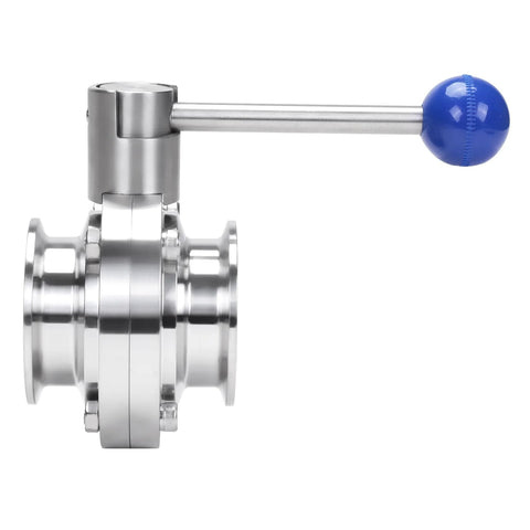 Stainless steel 2-inch tri-clamp butterfly valve with pull handle and blue knob