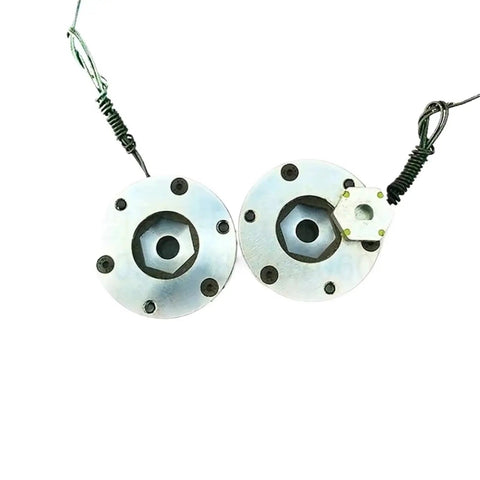 Pair of silver electromagnetic brake discs with central hex bore and attached wiring, front view