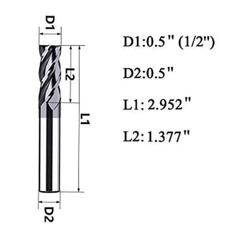 Pro Grade Five Piece Half Inch Carbide Square End Mill Set With AlTiN Coating For Alloy And Hardened Steels Four Flute End Mills HRC 45 High Hardness Milling Bits dimensions