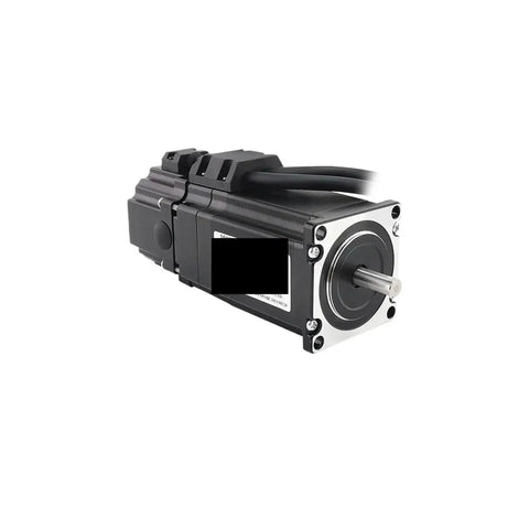 Servo motor with black housing and silver flange, protruding shaft; two cable leads visible.