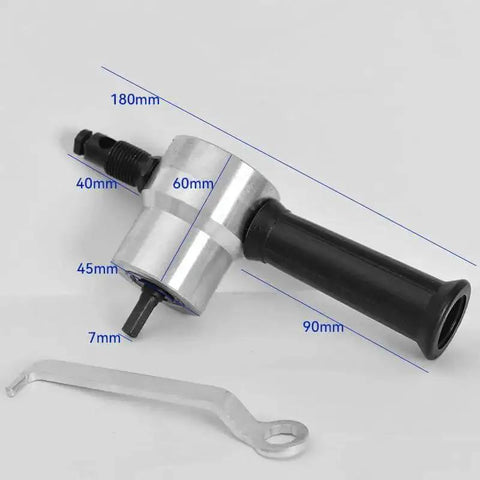Double Head Sheet Metal Nibbler Saw Cutter Power Drill Attachment with ergonomic handle and wrench, measurements shown, DIY tool
