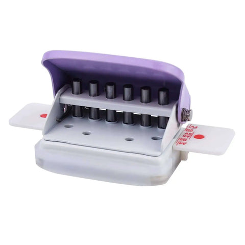 6 Hole Punch Handheld Metal Paper Puncher With 5 Sheet Capacity 6mm for notebooks, purple, showing punch mechanism, non-slip base