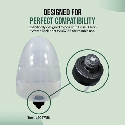 Front view of replacement cap and straw assembly for Bissell Little Green Machine; translucent tank with black cap.