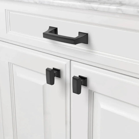 10 Pack 1.4 Inch 35mm Matte Black Cabinet Knobs for Kitchen Cabinets and Dressers, Zinc Alloy Drawer Hardware installed on white cabinets