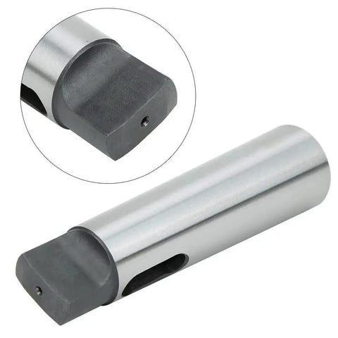 MT5-to-MT4 taper reducing drill sleeve; silver cylindrical body with dark gray end and small set-screw hole (close-up view).