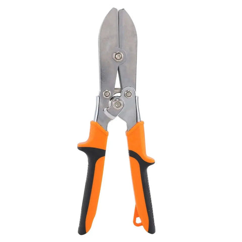 Front view of five blade sheet metal crimper for 24 to 28 gauge galvanized steel and stainless steel ductwork, with orange handles.