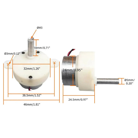 Dimensions of Ultra Quiet 6V DC Gear Motor With 5 RPM Output And 18mm Shaft, 5mm Diameter Plastic Gear Reducer, side and front view