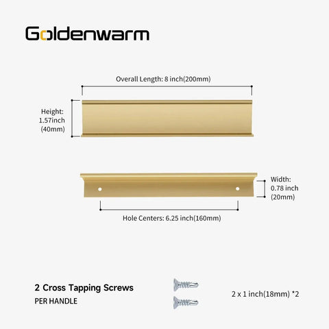Diagram of champagne gold drawer pulls with 8 inch length and 0.78 inch width, showing measurements and screws included.