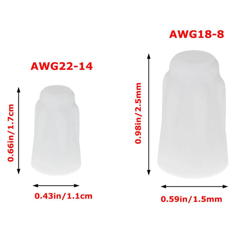 Two white ceramic wiring caps for high-temperature connectors, AWG22-14 and AWG18-8, size measurements shown