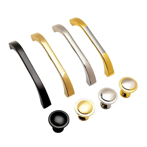Variety of cabinet handles and knobs in different finishes, including brushed nickel, for mixed decor styles, featuring Euro style drawer pulls.