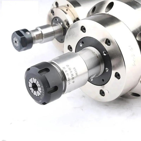 Two ER collet chucks on a metal CNC spindle assembly; silver shafts with black nuts, front view