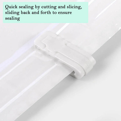 Close-up of Ten Pack Vacuum Storage Bags Sealing Clips Set With Reusable Zipper Grips on plastic bag demonstrating sealing mechanism.