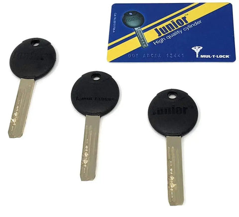 Three black-headed keys and a Mul-T-Lock Junior card with text 'High quality cylinder' on a white background.