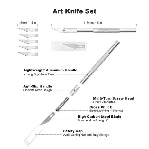 Art knife set with lightweight aluminum handle, multi-turn screw head, high carbon steel blade, and safety cap