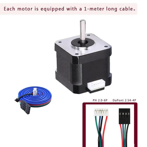Beefy Torque Stepper Motor With 1m Cable for 3D printers, CNC routers, laser engravers, robotics, and mechanical arms, shown with connectors.