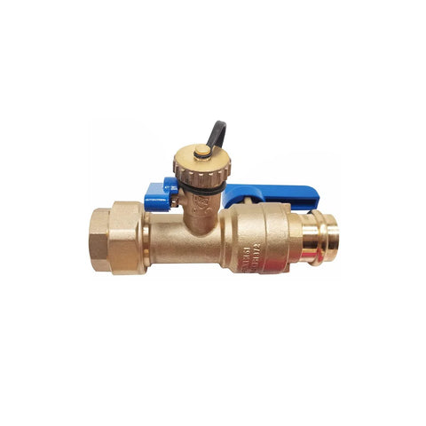 Brass 3/4 in press tankless water heater isolation valve with pressure relief valve and blue lever handle