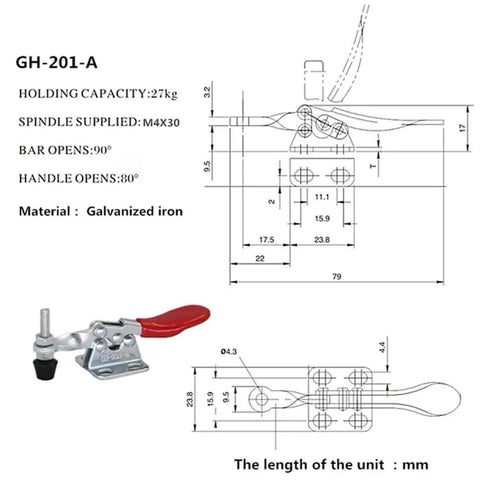 4 Pack Small Horizontal Toggle Clamps With 60 Lb Holding Power For Woodworking And Metalworking, diagram and dimensions shown