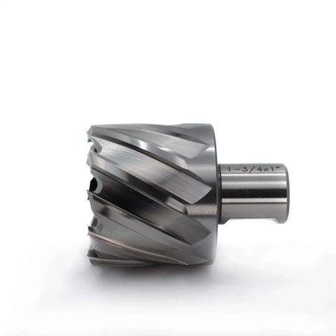 Powerful 1-3/4 Inch Annular Cutter for Lightning-Fast and Precision Hole Drilling, Featuring 1 Inch Cutting Depth, Sturdy 3/4 Inch Weldon Shank with Two Flats, Includes Pilot Pin for Pro Magnetic Drill Press Jobs, Boost Your Workshop Game Now, Top-Rated side view