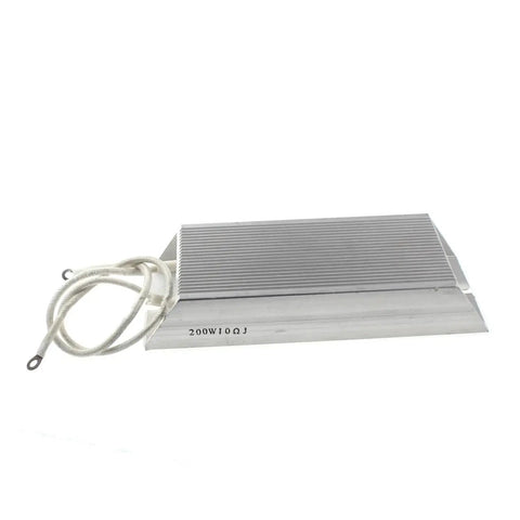 Side view of an aluminum-cased high-power resistor (200W, 5 ohm) with braided white leads