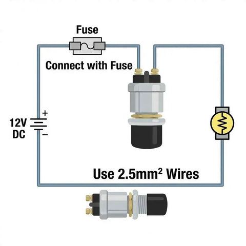 Wiring diagram for 12V 50A Momentary Engine Start Push Button For Cars, Trucks, And Boats, Heavy Duty Ignition Switch with fuse connection guidance