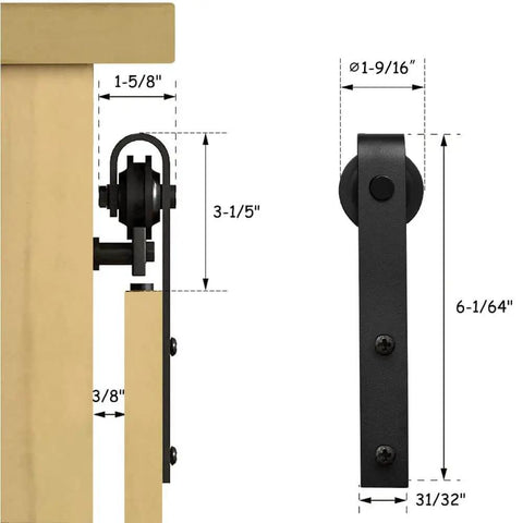 2 Ft Mini Barn Door Track Kit Black For Single Door Closet Cabinet Slick Black Finish with measurements, side view