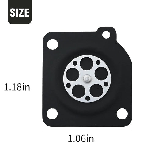 Metering diaphragm replacement for Zama/Walbro carburetors, black mounting plate with silver multi-hole diaphragm, 1.18 x 1.06 in