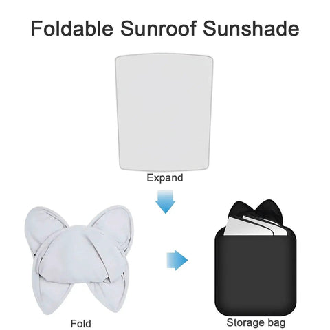 Glass Roof Sunshade For Tiguan 2010 To 2017 One Piece Foldable Shade shown expanded, folded, and in storage bag.
