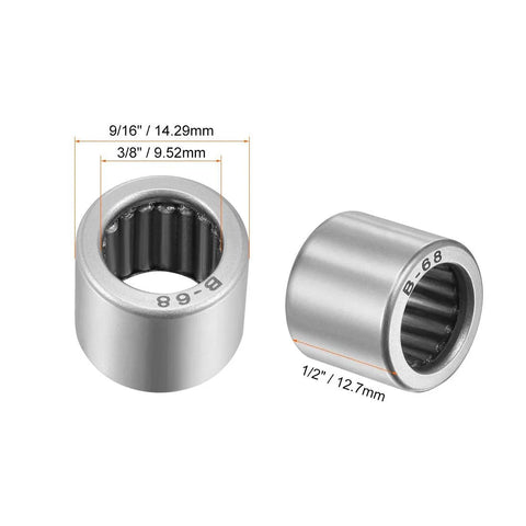B68 needle roller bearing, full-complement drawn cup, open; 3/8 in ID, 9/16 in OD, 1/2 in width, silver metal, 2 pcs