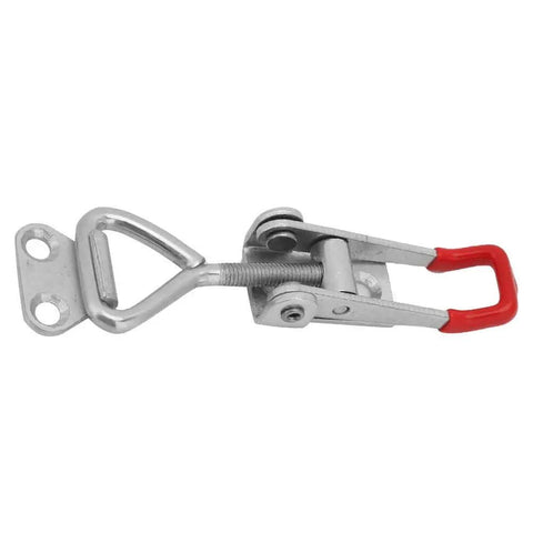 Two-Piece Quick Release Toggle Clamp Set 12130 Vertical Hold-Down Clamps, side view, carbon steel, red handle