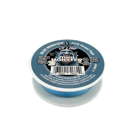 Front view of Monster Roll PTFE Thread Seal Tape Blue Half Inch By Two Hundred Sixty Inch For High Pressure Sealing Up To Ten Thousand PSI
