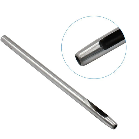 Close-up of Eyelet Hole Punch Die Tool For Leather Craft And DIY Projects 3mm Grommet Setter, stainless steel tip view.