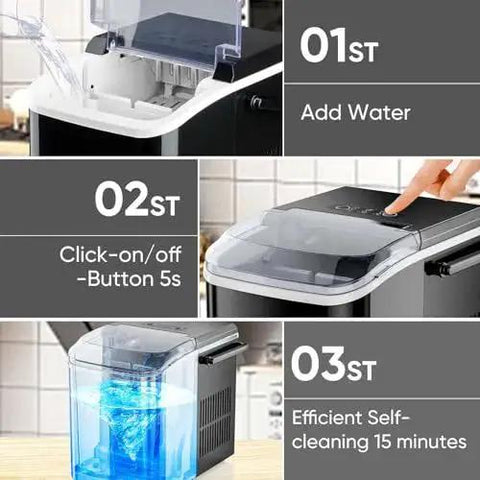 Steps to use Countertop Ice Maker With Handle 26 Lb 24H Portable 9 Bullet Ice Cubes, including adding water and self-cleaning.