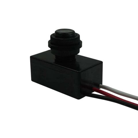 Outdoor Dusk To Dawn Photoelectric Sensor Switch with hard-wired design, black waterproof casing, and visible wiring for DC systems.