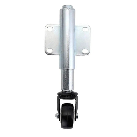Gate Caster With Spring Loaded Retractable Wheel For Wooden Gates And Yard Fences, Two Inch Wheel, Heavy Duty Steel Frame, front view.