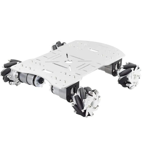 Mecanum Omni Wheel Robot Car Kit With 4X 12V 330RPM Motors 4WD Chassis showing aluminum frame and mecanum wheels
