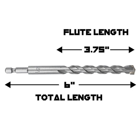 Industrial Grade One Half Inch Masonry Drill Bits Set Two Pack Six Inch Length Carbide Tipped And Self Centering One Quarter Inch Hex Shank For Quick Change Chucks Easily Cuts Through Concrete Cement Block Stone And More, with drill bit measurements of 6 inch total length and 3.75 inch flute length.