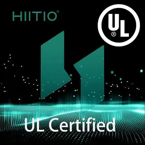 Hiitio logo and UL certification mark with green abstract design
