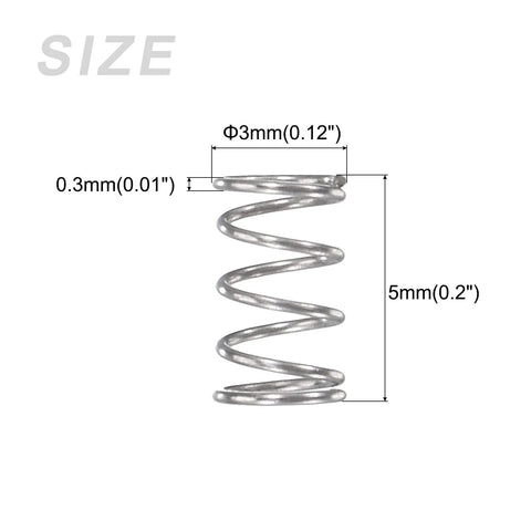 METALLIXITY compression spring, 0.3mm wire, 3mm outer diameter, 5mm free length, 304 stainless steel, silver tone