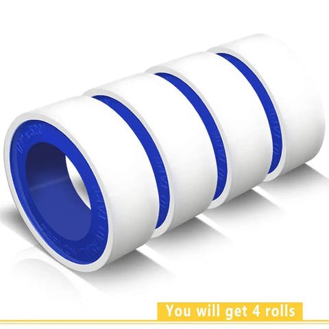 4 Rolls PTFE Thread Seal Tape Half Inch By 520 Inches Long For Plumbing White, displayed horizontally with blue centers