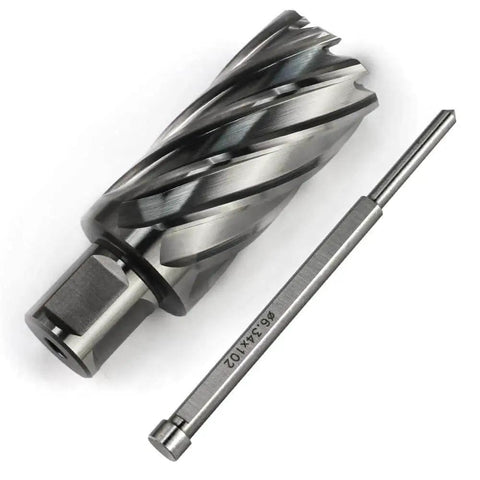Pro Grade Annular Cutter Kit For Magnetic Drill Press With One And One Sixteenth Inch Cutting Diameter And Two Inch Depth Of Cut Weldon Shank Three Quarter Inch With Two Flat And Pilot Pin Thin Wall For Faster Holes OSCARBIDE, showing cutter and pilot pin.