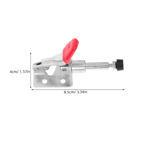 Side view of a single metal toggle clamp from Four Pack Woodworking Fixed Toggle Clamps Set With Iron Push Pull Quick Release Heavy Duty Welding Holding Clamps For Workholding Jigs And Woodworking Fixtures Adjustable Pressure, showing dimensions.