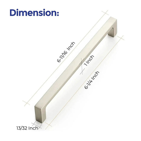 Solid Six And One Quarter Inch Square Cabinet Handles In Brushed Nickel showcasing dimensions, ideal for kitchen cabinets.