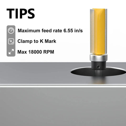 Pattern Flush Trim Router Bit Set With Bearing Guide For Tearout Prevention in use with machine showing tips for optimal performance.