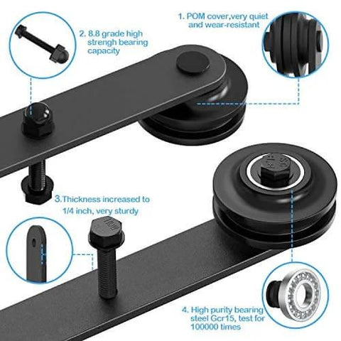 Close-up of rollers and components of 10 Foot Four Door Double Track Bypass Sliding Barn Door Hardware Kit For Interior Use
