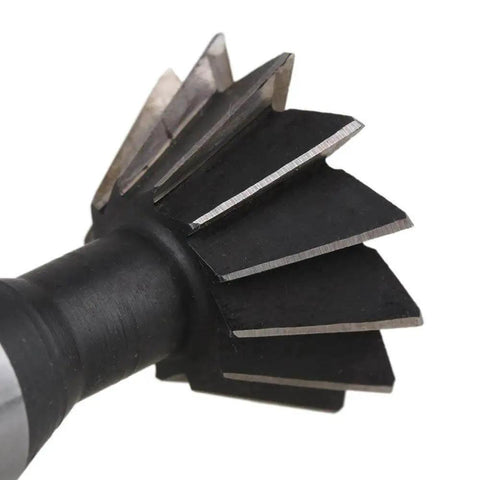 HSS Dovetail Cutter End Mill 16mm Shank 45 Degree Right Hand Milling Tool for dovetailing metal in close-up view